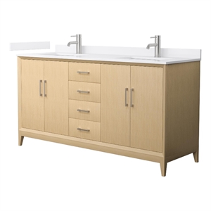 Janna 66&quot White Oak Double Vanity & White Cultured Marble Top & Nickel Trim