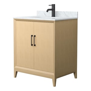 Janna 30&quot White Oak Single Vanity & White Carrara Marble Top & Black Trim