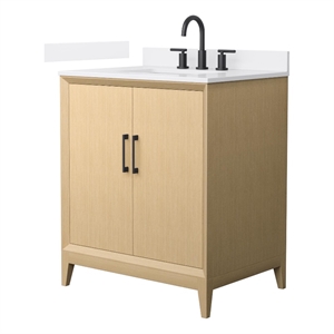 Janna 30&quot White Oak Single Vanity & White Quartz Top (3-Hole) & Black Trim