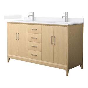 Janna 60&quot White Oak Double Vanity & White Quartz Top (1-Hole) & Nickel Trim