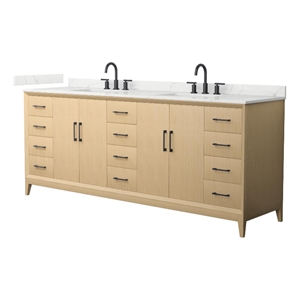 Janna 84&quot White Oak Double Vanity & Giotto Quartz Top (3-Hole) & Black Trim
