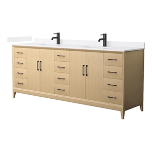Janna 84&quot White Oak Double Vanity & White Quartz Top (1-Hole) & Black Trim