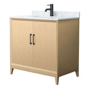 Janna 36&quot White Oak Single Vanity & White Carrara Marble Top & Black Trim