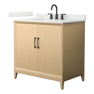 Janna 36&quot White Oak Single Vanity & Giotto Quartz Top (3-Hole) & Black Trim