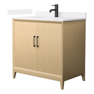 Janna 36&quot White Oak Single Vanity & White Quartz Top (1-Hole) & Black Trim