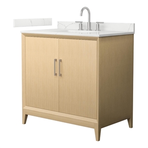 Janna 36&quot White Oak Single Vanity & Giotto Quartz Top (3-Hole) & Nickel Trim