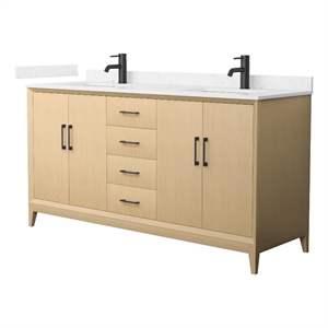Janna 66&quot White Oak Double Vanity & Carrara Cultured Marble Top & Black Trim