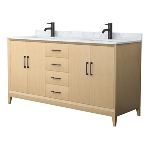 Janna 66&quot White Oak Double Vanity & White Carrara Marble Top & Black Trim