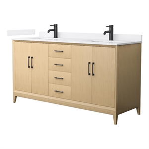 Janna 66&quot White Oak Double Vanity & White Cultured Marble Top & Black Trim