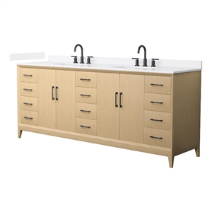 Janna 84&quot White Oak Double Vanity & White Quartz Top (3-Hole) & Black Trim
