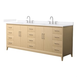 Janna 84&quot White Oak Double Vanity & White Quartz Top (3-Hole) & Nickel Trim
