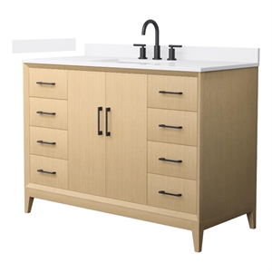 Janna 48&quot White Oak Single Vanity & White Quartz Top (3-Hole) & Black Trim