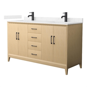 Janna 60&quot White Oak Double Vanity & Carrara Cultured Marble Top & Black Trim
