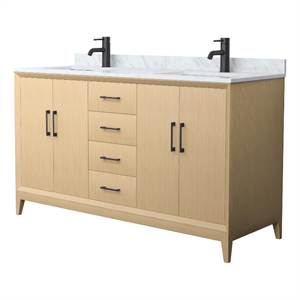 Janna 60&quot White Oak Double Vanity & White Carrara Marble Top & Black Trim