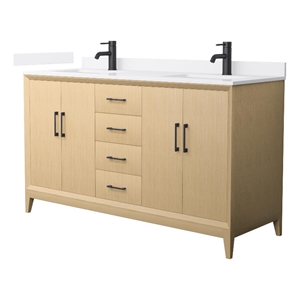 Janna 60&quot White Oak Double Vanity & White Quartz Top (1-Hole) & Black Trim
