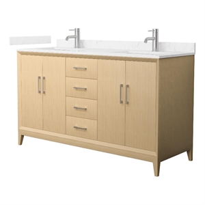Janna 60&quot White Oak Double Vanity Carrara Cultured Marble Top & Nickel Trim