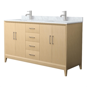 Janna 60&quot White Oak Double Vanity & White Carrara Marble Top & Nickel Trim