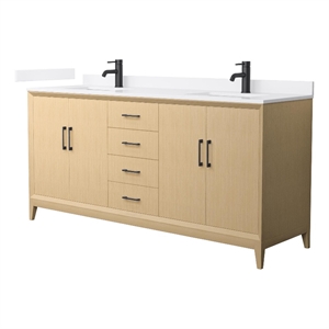 Janna 72&quot White Oak Double Vanity & White Cultured Marble Top & Black Trim