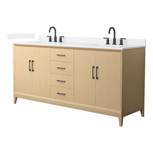 Janna 72&quot White Oak Double Vanity & White Quartz Top (3-Hole) & Black Trim