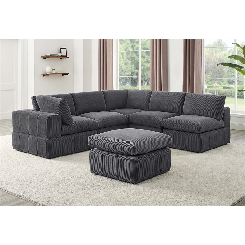 Partner Furniture Corduroy Fabric Modular Sectional with Ottoman in Dark Gray