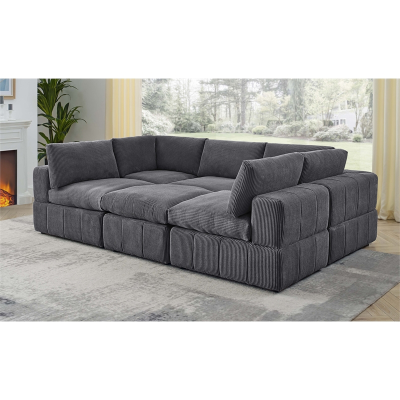 Partner Furniture Corduroy Fabric Modular Sectional with Ottoman in Dark Gray