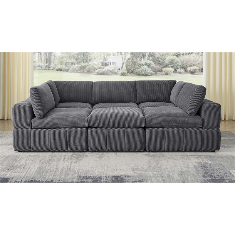 Partner Furniture Corduroy Fabric Modular Sectional with Ottoman in Dark Gray