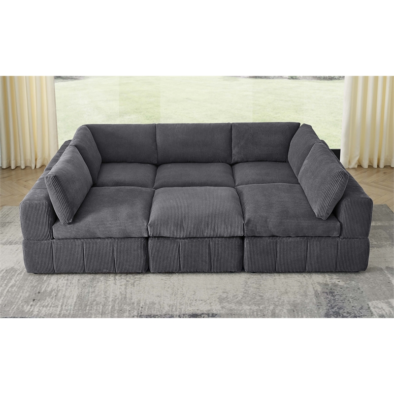 Partner Furniture Corduroy Fabric Modular Sectional with Ottoman in Dark Gray