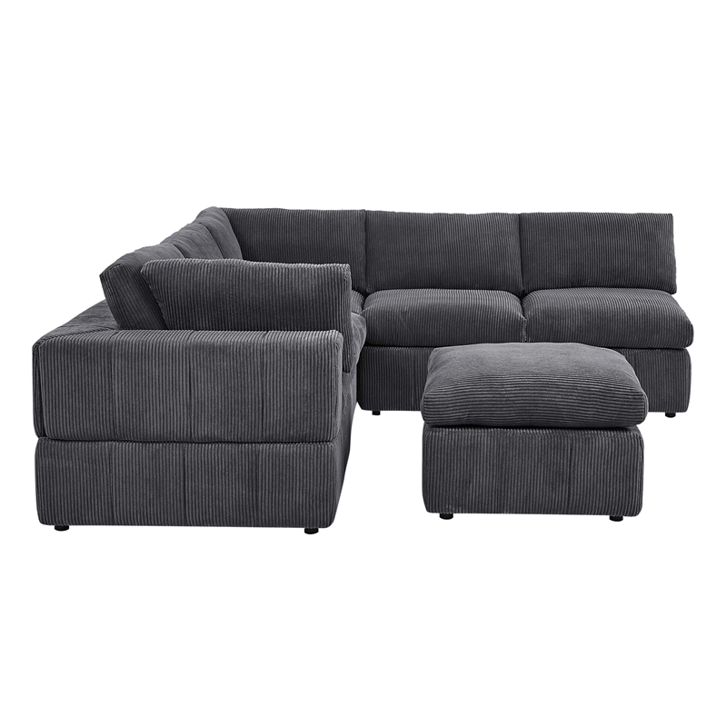 Partner Furniture Corduroy Fabric Modular Sectional with Ottoman in Dark Gray