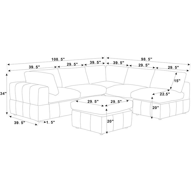 Partner Furniture Corduroy Fabric Modular Sectional with Ottoman in Dark Gray