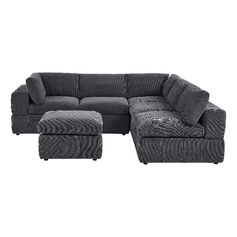 Partner Furniture Corduroy Fabric Modular Sectional with Ottoman in Dark Gray