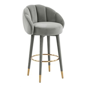 TOV Furniture Myla 30.8&quot Swivel Modern Velvet and Pine Bar Stool in Gray