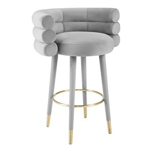 TOV Furniture Betty 30.3&quotH Velvet and Plywood Bar Stool in Gray/Gold
