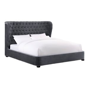 tov furniture finley contemporary velvet upholstered bed in gray/black