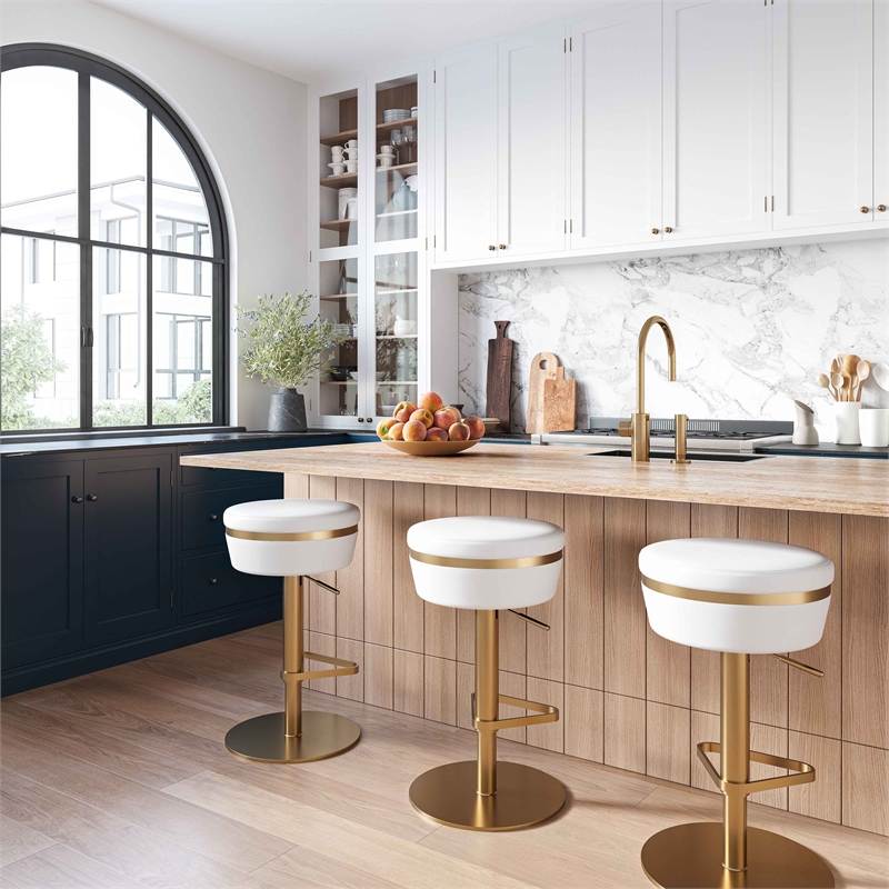 TOV Furniture Astro White and Gold Vegan Leather Adjustable Stool