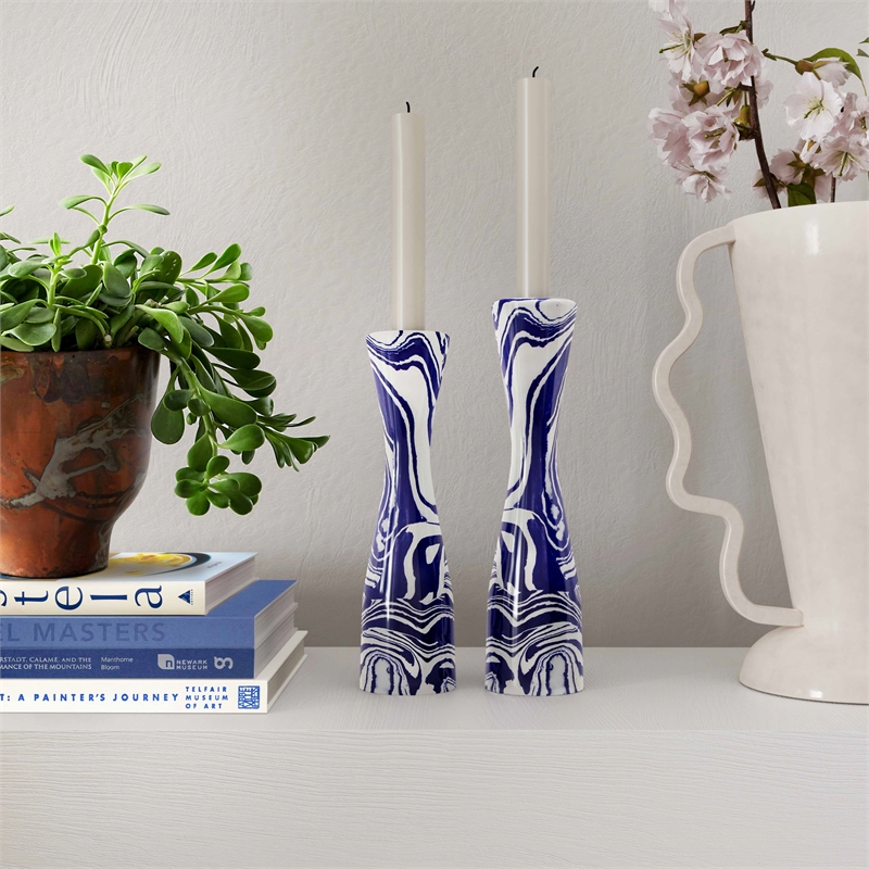 TOV Furniture Serene Contemporary Resin Large Candlestick in Blue/White