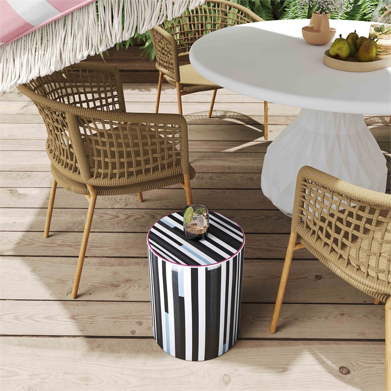Taurus Ceramic Stool in Modern Black and White Stripes Print