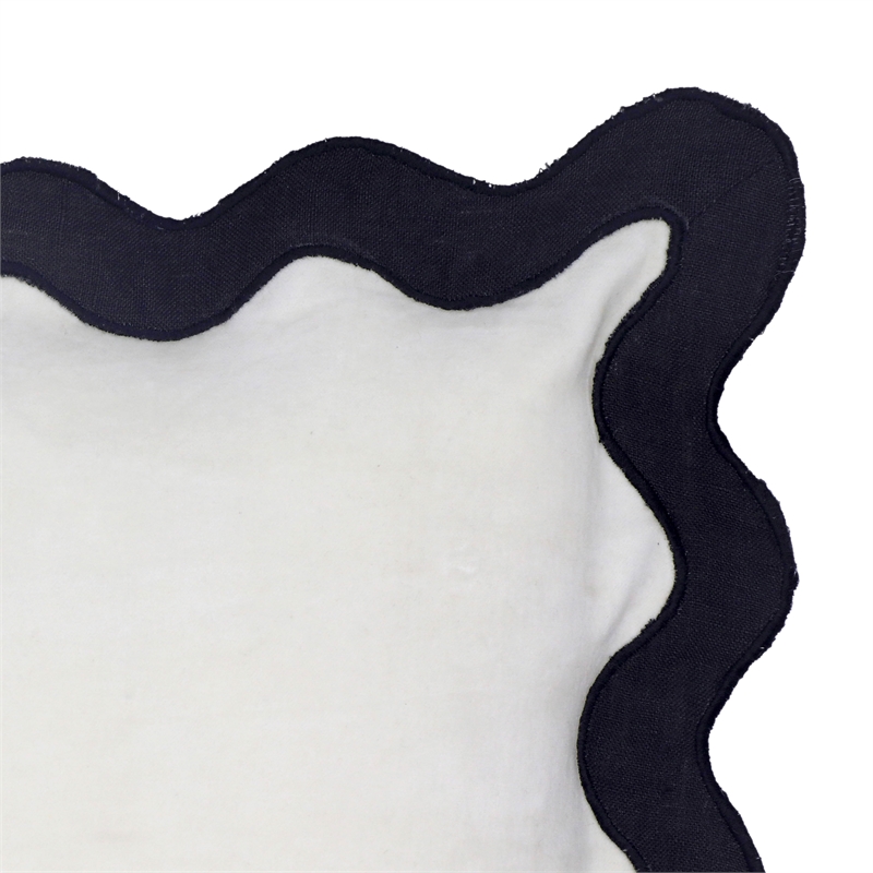Scalloped Edge Black and White Cotton Velvet Throw Pillow