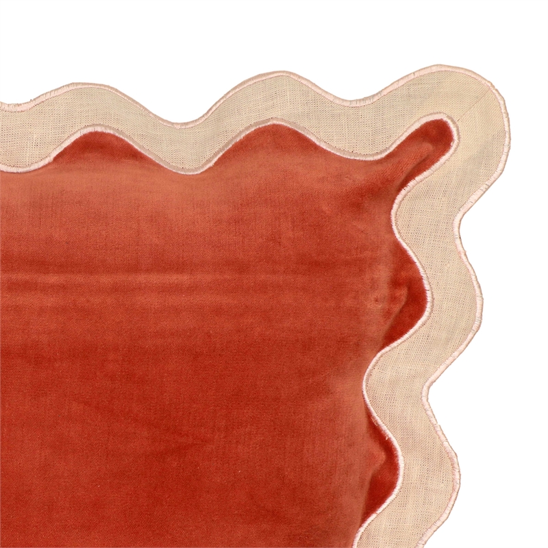 Scalloped Edge Cream and Rust Cotton Velvet Throw Pillow