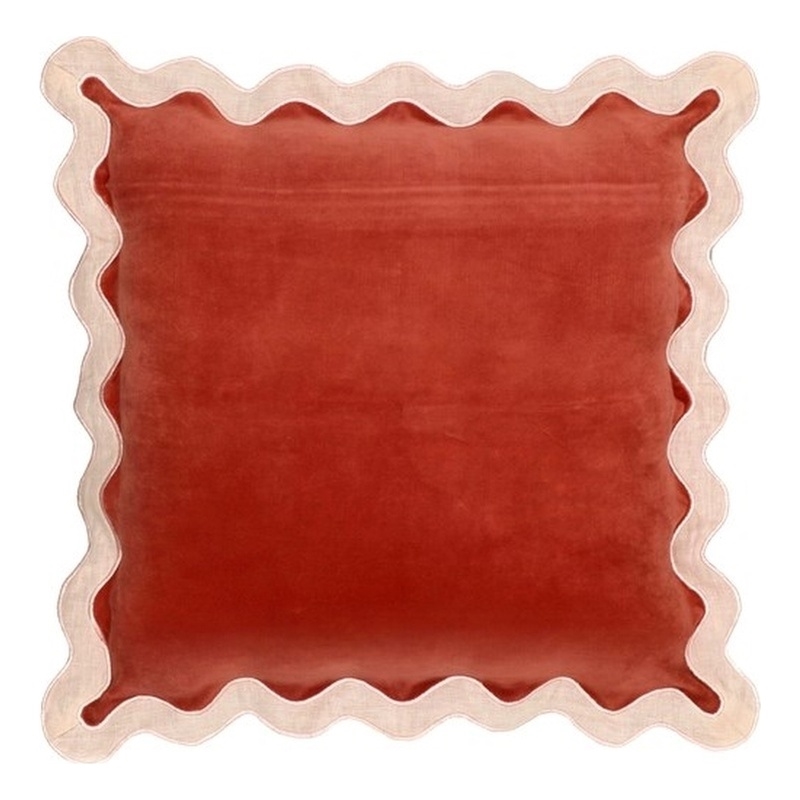 Scalloped Edge Cream and Rust Cotton Velvet Throw Pillow