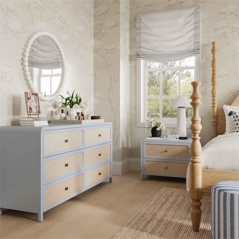 Patty Pastel Blue Rattan 6 Drawer Wooden Dresser