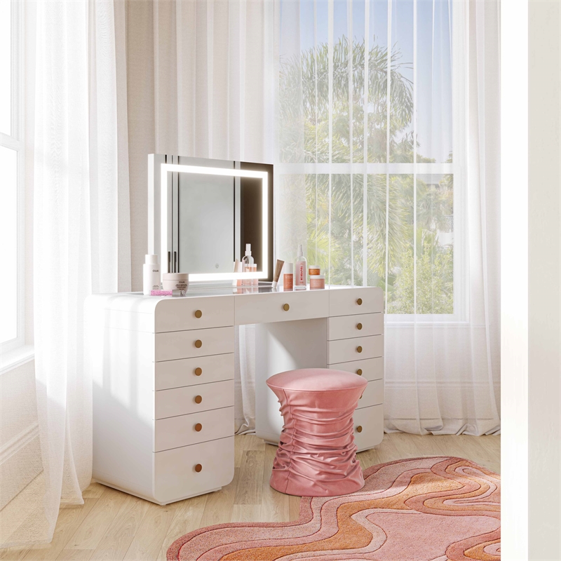 Hollywood White Desk with LED Panel Vanity Mirror