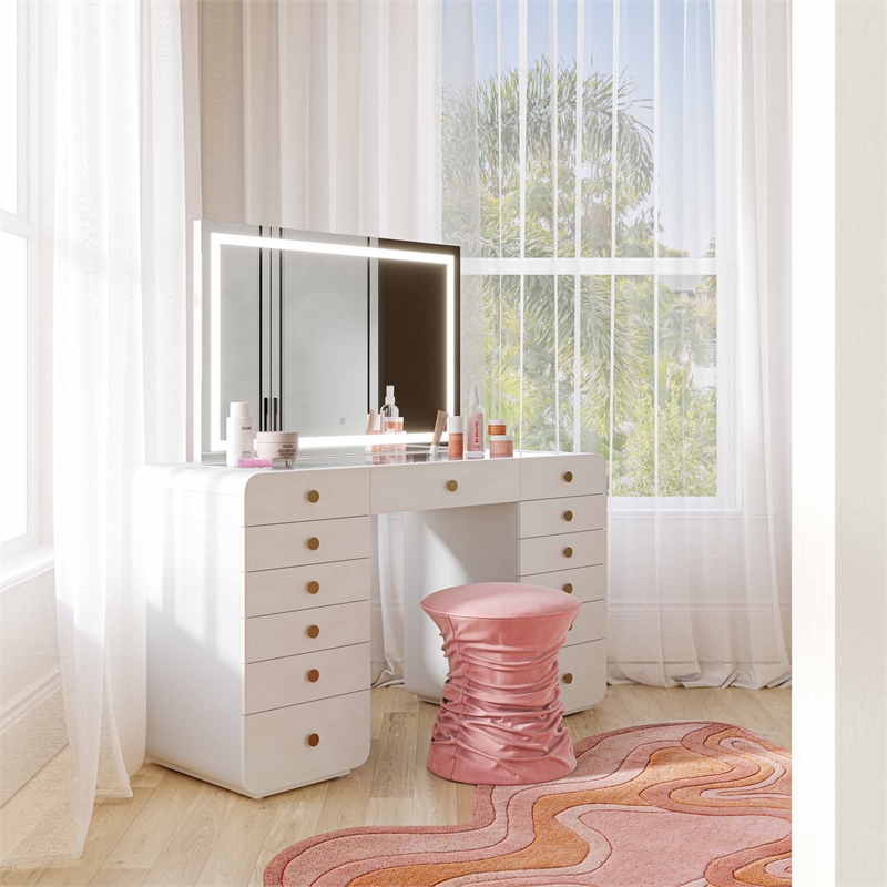 Hollywood White Desk with Jumbo LED Panel Vanity Mirror