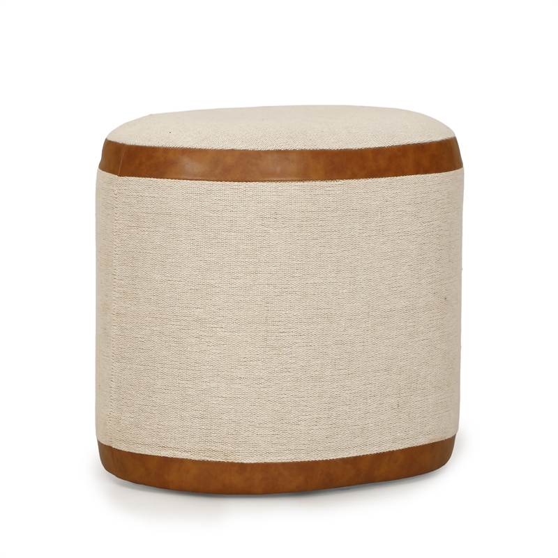 Huche Cotton Jute and Vegan Leather Oval Ottoman