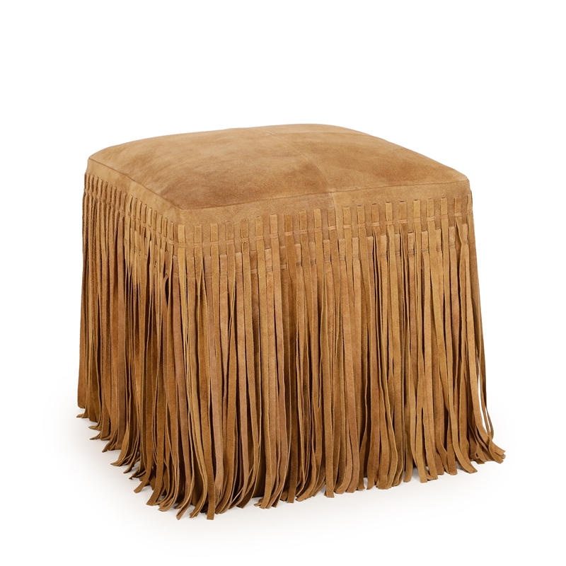 Daphne Square Saddle Brown Suede Fringe Ottoman
