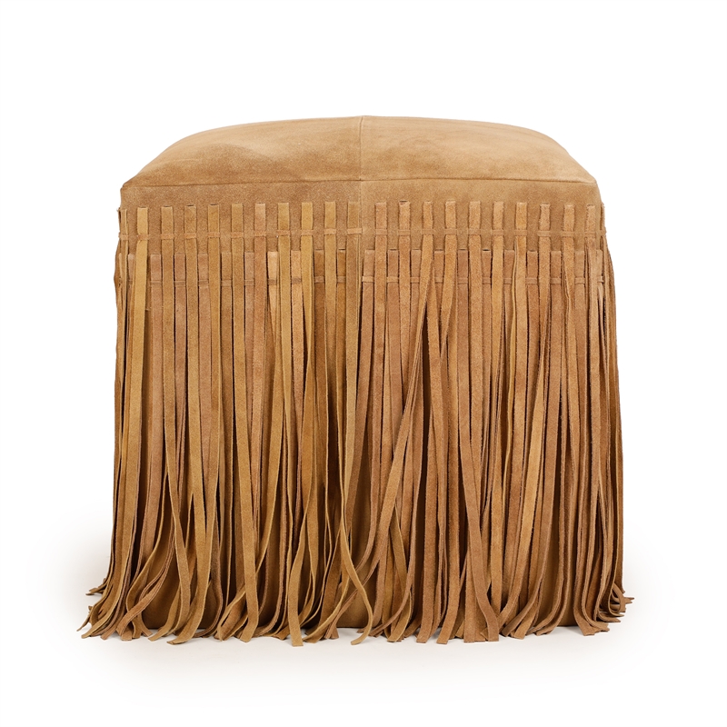Daphne Square Saddle Brown Suede Fringe Ottoman