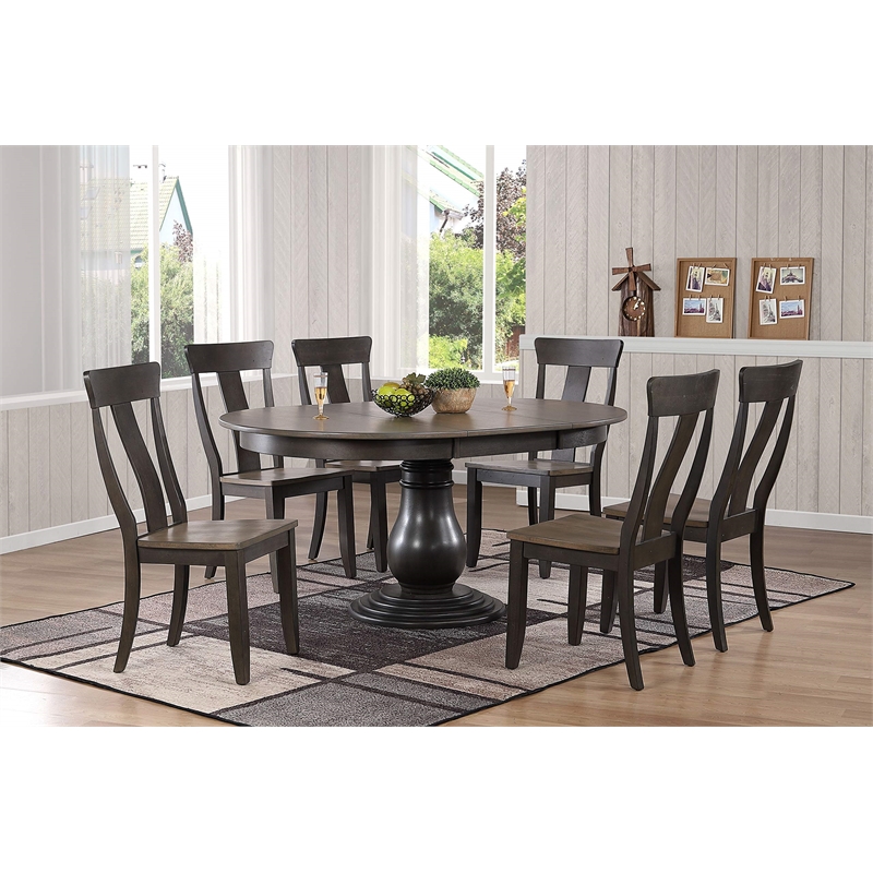 7-Pc Panel Wood Bella Dining Set in Gray/Black Stone