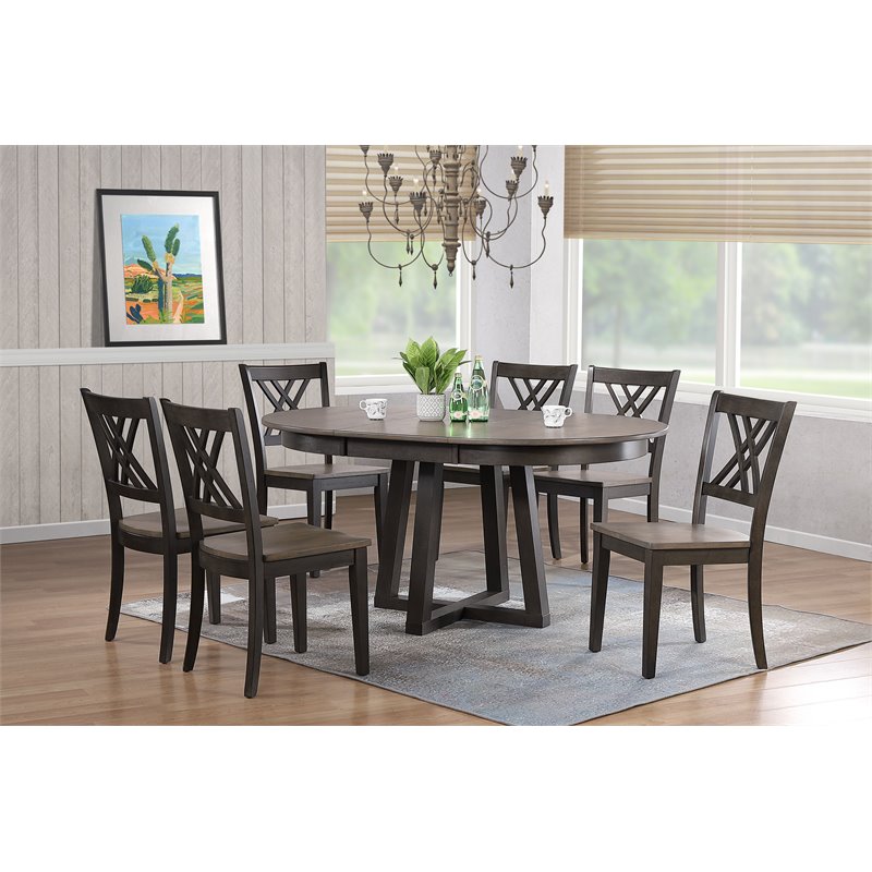 7-Pc Double X Pedestal Dining Set in Gray/Black Stone