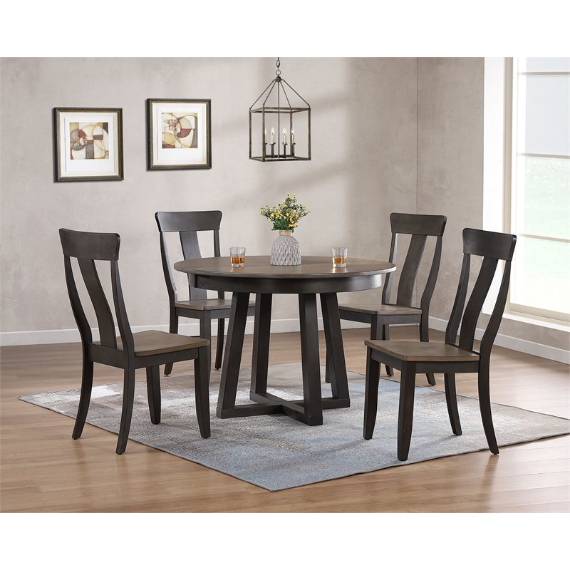 5-Pc Panel Wood Pedestal Dining Set in Gray/Black Stone
