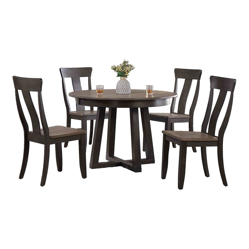 5-Pc Panel Wood Pedestal Dining Set in Gray/Black Stone