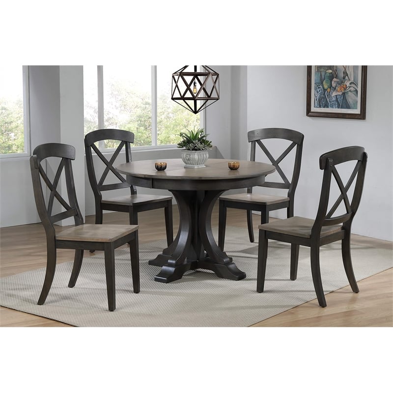 Art Deco Transitional X-Back Wood Dining Set in Gray & Black Stone 5-Piece Set